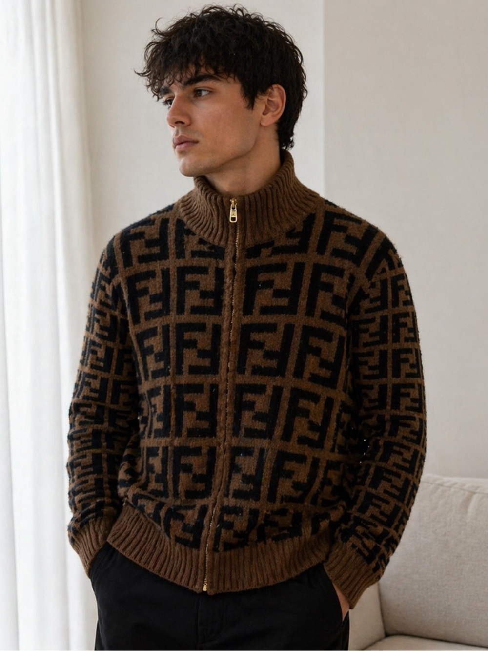 Fendi Brown & Black Monogram Zip-Up Sweater